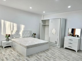 Dormitor Milano, culoare alb, cu pat tapitat 160 x 200 cm, dulap cu 2 usi, comoda cu oglinda, 2 noptiere