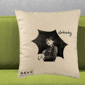 Perna Personalizata Wednesday Addams cu Umbrela Foto, 40x40 cm, Bej, Husa Detasabila, Perna Inclusa, BEKZ®