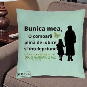 Cadou pentru Bunica - Perna Personalizata Bunica Mea Comoara Iubire Intelepciune Varianta Extinsa, 40x40 cm, Verde Menta, Husa Detasabila, Perna Inclusa, BEKZ®