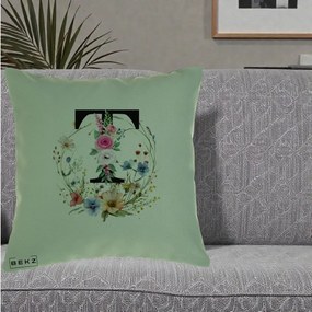 Cadou Personalizat - Perna Personalizata Monogram Litera T cu Flori Acuarela, 40x40 cm, Verde, Husa Detasabila, Perna Inclusa, BEKZ®