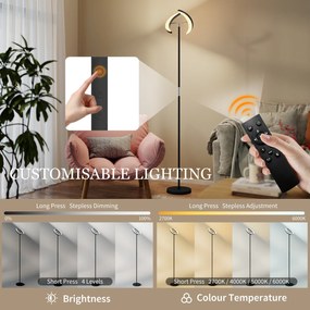 HOMCOM Lampă de Podea Dimmerabilă cu Telecomandă și Dublă Cap Girevole la 350°, Lampă de Podea cu Reglare Temperatură Culoare 2700K-6000K, pentru Sufragerie și Cameră, Negru | Aosom Romania