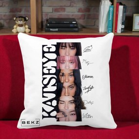 Perna Personalizata K-pop KATSEYE Semnaturi Membre Foto, 40x40 cm, Alba Mata, Husa Detasabila, Perna Inclusa, BEKZ®