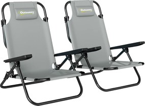 Outsunny Set de 2 Scaune de Camping Portabile, Plajă Pliabile, Spătar Reglabil, Gri Deschis. | Aosom Romania