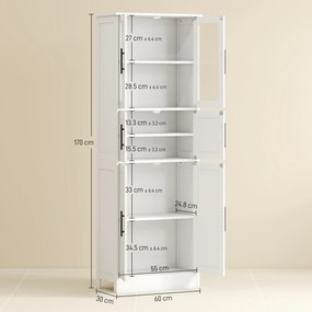 HOMCOM Dulap pentru baie, unitate depozitare 6 nivele, 6 uși dintre care 2 vitrate, rafturi reglabile, 60x30x170cm, alb | Aosom Romania