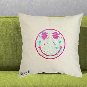 Perna Decorativa Smiley Face Tropical Glitter Roz, 40x40 cm, Ecru, Husa Detasabila, Perna Inclusa, BEKZ®