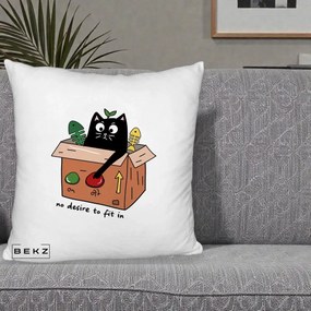 Perna Decorativa Pisica in Cutie No Desire to Fit In, 40x40 cm, Alb Pufos, Husa Detasabila, Perna Inclusa, BEKZ®