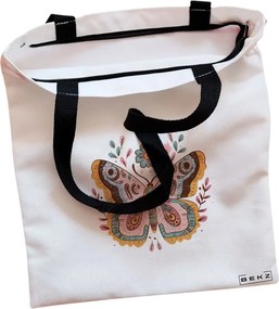 Sacosa de Panza pentru Cumparaturi, Geanta Tote, Flower Butterfly, Cu fermoar, 38x34.5 cm, Alba, BEKZ®