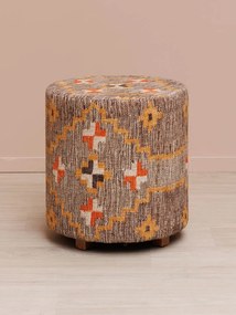 Taburet kilim rotund din bumbac, lână și lemn de acacia, multicolor, cu model geometric, 47 x Ø 45 cm, „Klimt Kilim”