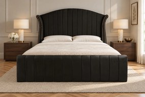 Pat tapițat din catifea Sorella Line 160×200 cm, negru, cu ladă de depozitare