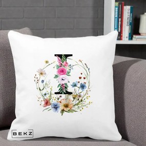 Cadou Personalizat - Perna Personalizata Monogram Litera I cu Flori Acuarela, 40x40 cm, Alba Mata, Husa Detasabila, Perna Inclusa, BEKZ®