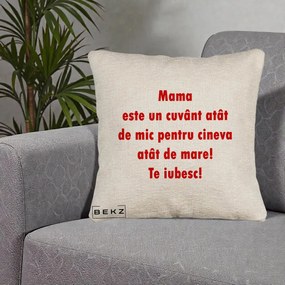 Cadou pentru Mama - Perna Personalizata Mama Cuvant Mic, 40x40 cm, Bej Canapea, Husa Detasabila, Perna Inclusa, BEKZ®