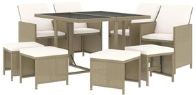 Set mobilier pentru gradina cu perne, 9 piese, bej, poliratan Bej, Lungime masa 109 cm, 4x fotoliu + 4x suport pentru picioare + masa, 1