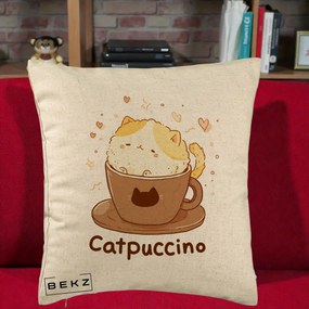 Perna Decorativa Catpuccino Pisica Cappuccino, 40x40 cm, Bej, Husa Detasabila, Perna Inclusa, BEKZ®
