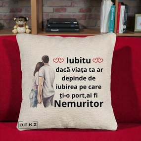 Cadou pentru Iubita - Perna Personalizata Iubitu Nemuritor cu Cuplu Acuarela si Inimi Rosii, 40x40 cm, Bej Canapea, Husa Detasabila, Perna Inclusa, BEKZ®