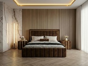 Pat tapitat Atena 160x200 cm, Maro + Saltea Superortopedica Gold, grosime 20 cm + Set 2 noptiere Hugo, Maro