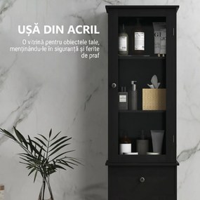 Kleankin Coloană de Baie Îngustă cu Dulap, Sertar și Rafturi din MDF, 40 x 27 x 171,5 Cm, Negru | Aosom Romania