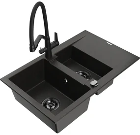 Mexen Gaspar chiuvetă din granit cu 1,5 cuve cu scurgător și baterie bucătărie Duo, negru/auriu metalizat - 6507-75-671701-70-B