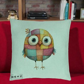 Perna Decorativa Pasare Patchwork Colorata, 40x40 cm, Verde Menta, Husa Detasabila, Perna Inclusa, BEKZ®