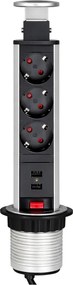 Priză încorporabilă în blat Lift Box Design Light, 3 prize Schuko, 2 porturi USB, aluminiu, D:71 mm Aluminiu, Metal/Plastic, D:71 mm; H:328 mm