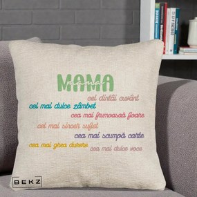 Cadou pentru Mama - Perna Personalizata Mama Cel Dintai Cuvant cu Text Colorat Multicolor, 40x40 cm, Bej Canapea, Husa Detasabila, Perna Inclusa, BEKZ®