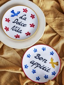 Set 4 farfurii din ceramică artizanală, pictate manual cu motive florale albastre și margine roșie, multicolor, 15×1.5 cm, „Lindsay"