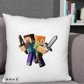 Perna Personalizata Minecraft Steve si Alex, 40x40 cm, Alb Pufos, Husa Detasabila, Perna Inclusa, BEKZ®