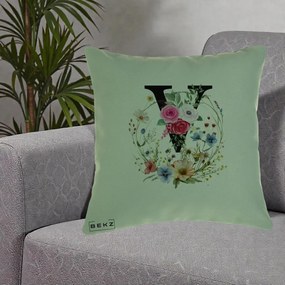 Cadou Personalizat - Perna Personalizata Monograma Florala Litera V cu Coroana, 40x40 cm, Verde, Husa Detasabila, Perna Inclusa, BEKZ®
