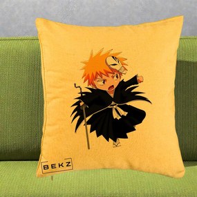 Perna Personalizata Bleach Ichigo Chibi cu Masca, 40x40 cm, Galben, Husa Detasabila, Perna Inclusa, BEKZ®