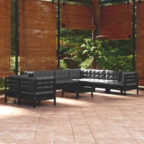 3096909 vidaXL Set mobilier de grădină cu perne 10 piese negru lemn masiv pin