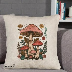 Perna Decorativa Ciuperci Vintage Floral, 40x40 cm, Bej Canapea, Husa Detasabila, Perna Inclusa, BEKZ®