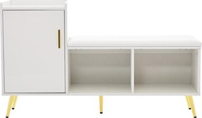 Dulap pentru pantofi cu finisaj lucios, bancă tapițată, rafturi ajustabile și accente aurii, pentru intrare, hol, 120x35x71,5 cm, Alb