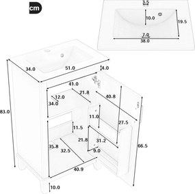 Dulap de baie independent cu lavoar ceramic integrat, rafturi ajustabile, 51x34x83 cm, Alb