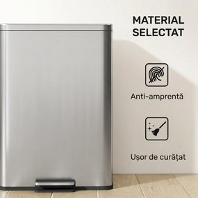 HOMCOM Coș de gunoi dreptunghiular cu pedală 20 L din metal, cu găleată interioară detașabilă și închidere lentă, argintiu | Aosom Romania
