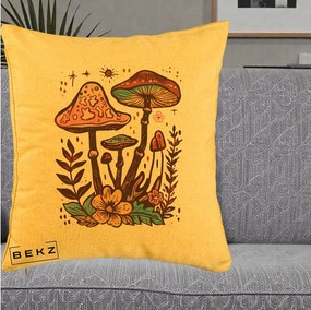 Perna Decorativa Ciuperci Boho Multicolore, 40x40 cm, Galben, Husa Detasabila, Perna Inclusa, BEKZ®