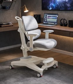 RESIGILAT- GROWFIT ERGO CARE JUNIOR PRO 360 – Scaun ergonomic reglabil pentru copii și adolescenți, cu spătar dublu adaptiv, suport lombar automat, cotiere 4D, roți cu blocare automată, ajustare completă 360°, Gri
