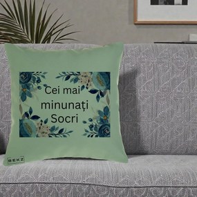Cadou pentru Socri - Perna Personalizata Cei mai Minunati Socri cu Flori Albastre si Roz, 40x40 cm, Verde, Husa Detasabila, Perna Inclusa, BEKZ®