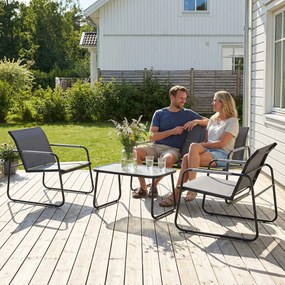 Outsunny Set de Grădină 4 Piese, Canapea cu 2 Locuri, 2 Fotolii, Măsuță din Sticlă Temperată, Gri | Aosom Romania