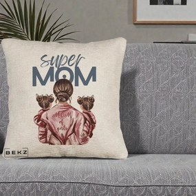 Cadou pentru Mama - Perna Personalizata Super Mom of Girls Mama cu Gemene, 40x40 cm, Bej Canapea, Husa Detasabila, Perna Inclusa, BEKZ®