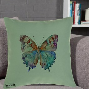 Perna Decorativa Fluture Acuarela Multicolor Portocaliu-Bleu-Mov, 40x40 cm, Verde, Husa Detasabila, Perna Inclusa, BEKZ®