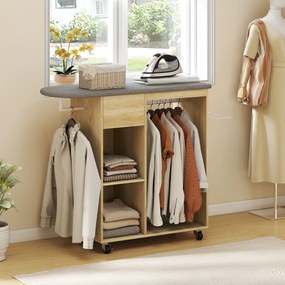 HOMCOM Dulap pentru călcat din lemn masă de călcat pe roți bară de suspendare raft 125 x 43,5 x 102,5 cm lemn natural | Aosom Romania