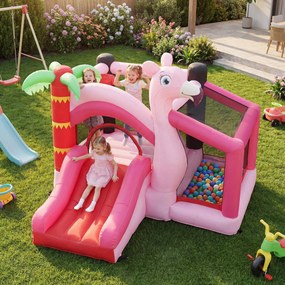 AIYAPLAY Castel Gonflabil pentru Copii 4 în 1, Tobogan, Trambulină, Piscină cu Bile, Coș de Baschet, Mingi de Baschet, Tematică Flamingo, Ventilator, Geantă de Transport, Interior Exterior, 255x230x196cm, Roz | Aosom Romania