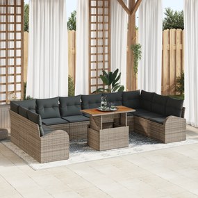 vidaXL Set de dining pentru grădină cu 11 piese și perne gri din ratan poli-acacia