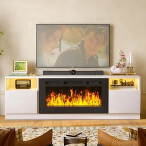 Comodă TV cu șemineu electric LED integrat – 178×35×59 cm, 12 culori flacără, Încălzire 750/1500 W, Telecomandă, Alb