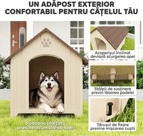 PawHut Căsuță pentru Câini de Exterior, Talie Mare și XL, Adăpost din Plastic Impermeabil cu Bază Ridicată, Ferestre și Acoperiș Înclinat pentru Grădină, Terasă, Curte, 102x94x103 cm, Bej | Aosom Romania