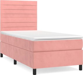 vidaXL Pat box spring cu saltea, roz, 90x190 cm, catifea