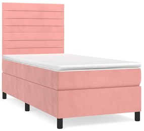 3143060 vidaXL Pat box spring cu saltea, roz, 90x190 cm, catifea