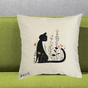 Perna Decorativa Pisica Neagra Flori Portocalii Silueta, 40x40 cm, Ecru, Husa Detasabila, Perna Inclusa, BEKZ®