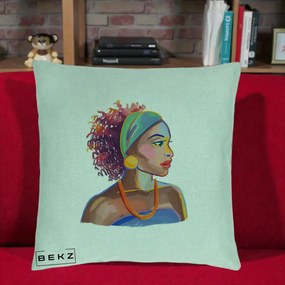 Perna Decorativa Portret Femeie Urbana Acuarela, 40x40 cm, Verde Menta, Husa Detasabila, Perna Inclusa, BEKZ®