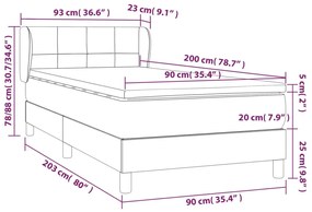 Pat box spring cu saltea, gri deschis, 90x200 cm, catifea Gri deschis, 90 x 200 cm, Cu blocuri patrate