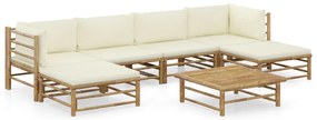 Set mobilier de gradina cu perne, 7 piese, alb crem, bambus Crem, 2x colt + 2x mijloc + 2x suport pentru picioare + masa, 1